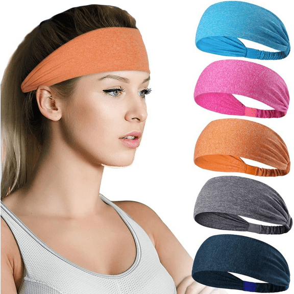 5-Piece Sports Headband Set for Men and Women - Sweat-Wicking, Elastic Anti-Slip Headbands for Workouts, Exercise, Running, Cycling, Basketball, Yoga