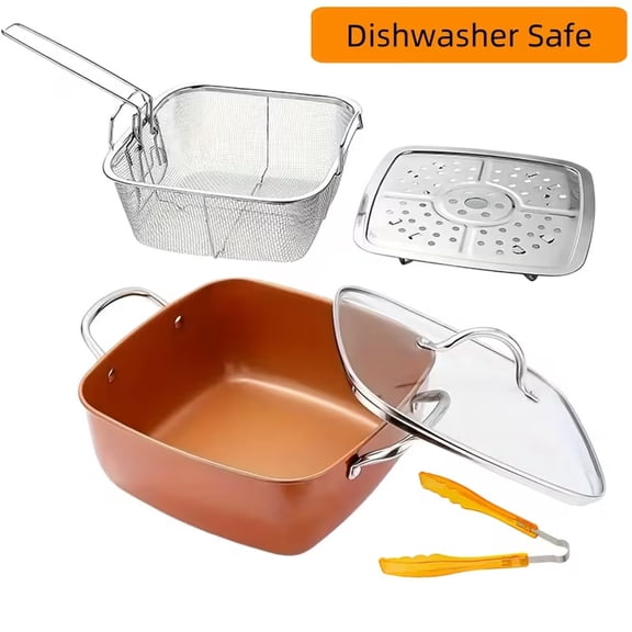 5-Piece Square Non-Stick Deep Fryer Set 9.5 Inches with Tempered Glass Lid and Stainless Steel Basket Steamer for Frying, Baking, Steaming  Dishwasher Safe Cookware