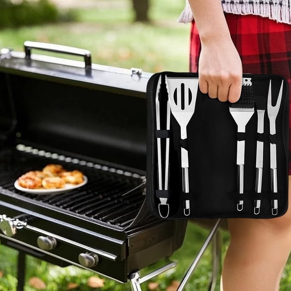 5-Piece Stainless Steel BBQ Grilling Tool Set with Carry Bag, Rust-Resistant, Dishwasher Safe