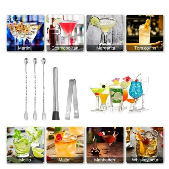 5-Piece Stainless Steel Bar Tool Set - 10" Muddler, Spiral Bar Spoon & Stirrer for Cocktails, Mojitos & Fruit Drinks.