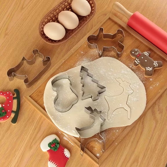 5-Piece Stainless Steel Christmas Cookie Cutters Set - Holiday Baking Shapes: Tree, Stocking, Gingerbread Man, Sleigh, Reindeer for Fondant, Dough, and Crafts
