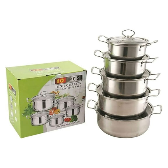 5 Piece Stainless Steel Cookware Set, Kitchen Pots and Pans Set with Tempered Glass Lids, Handles, Thickened Base for Gas Electric Halogen Ceramic Induction Hobs