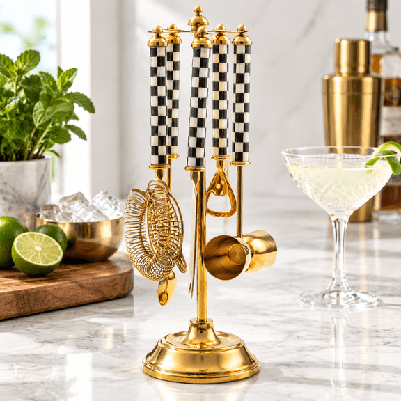 5-Piece Stainless Steel Courtly Check Bar Tool Set with Storage Stand