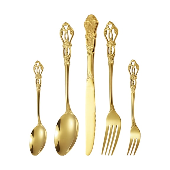 5 Piece Stainless Steel Cutlery Set Fork Knife Spoon Set Floral Engraved Handle Dinner Flatware Set Durable Tableware for Home Restaurant Daily Use Kitchen Dining Set