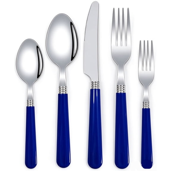 Flatware Set, Stainless Steel, Plastic Handles, 5 Piece, Blue