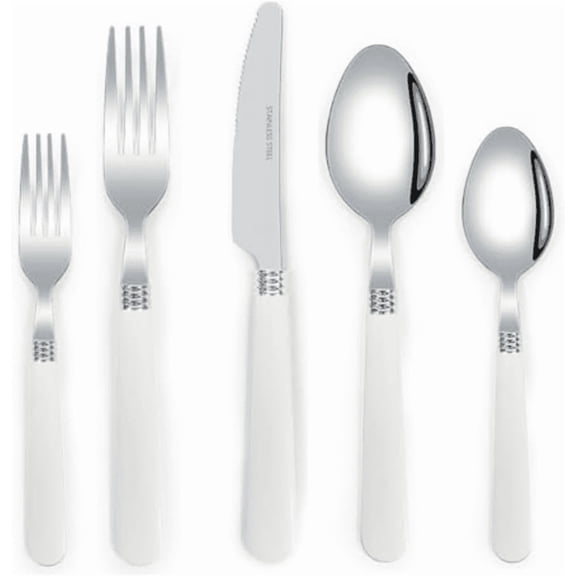 5-Piece Stainless Steel Flatware Set, Plastic Handle Tableware---White