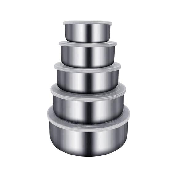 5-Piece Stainless Steel Food Storage Containers, Round Airtight Seal Fresh-Keeping Bowls, Stackable Refrigerator Organizer, for Kitchen Food Prep, Fruit, Vegetable, Salad, Camping and Picnic