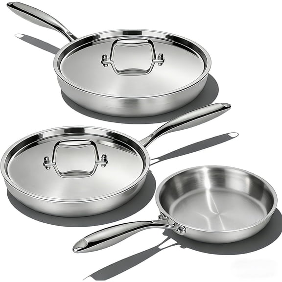 5-Piece Stainless Steel Frying Pan Set with Lid, 8 Inch 10 Inch 12 Inch, 5-Ply Clad Heavy Duty Cookware