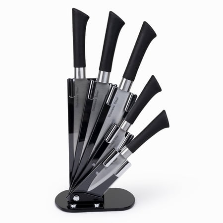 Luminuxe 5 Piece Stainless Steel Knife Set with Acrylic Stand – Modern Black Design, Never-Need Sharpening Fine Edge Blades