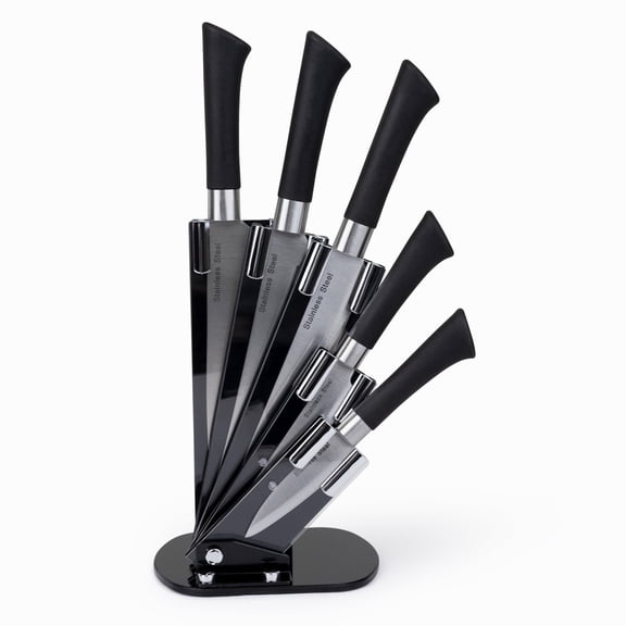 Luminuxe 5 Piece Stainless Steel Knife Set with Acrylic Stand  Modern Black Design, Never-Need Sharpening Fine Edge Blades