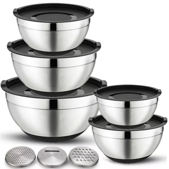 7-Piece Stainless Steel Mixing Bowls Set With Lids & Graters – Nesting Bowls For Kitchen, Cooking, Baking, Khaki