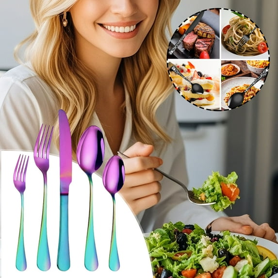 5-Piece Stainless Steel Silverware Set, Heavy Duty Stainless Steel Flatware Utensils Cutlery Set Including Steak Knife Fork and Spoon, Dishwasher Safe, 18/10 Steel, Purple