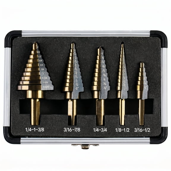 5-Piece Step Drill Bit Set, HSS Titanium Coated, 50 Sizes, for Metal Drilling, with Storage Case