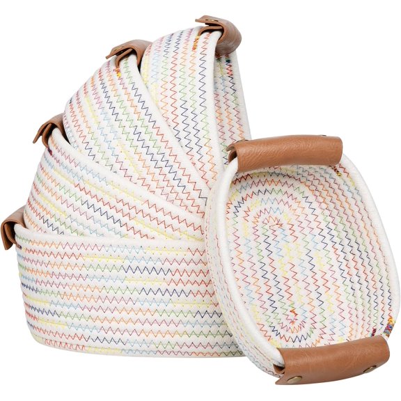 5 Piece Storage Baskets Small Woven Basket with Detachable Leather Handle, Cotton Rope Shelf Baskets for Closet Organizers, Different Sizes Basket Decor, Rainbow