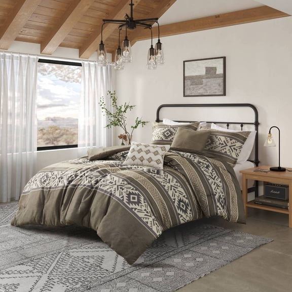 5 Piece Stripe Herringbone Comforter Set with Throw Pillows Brown King/Cal King
