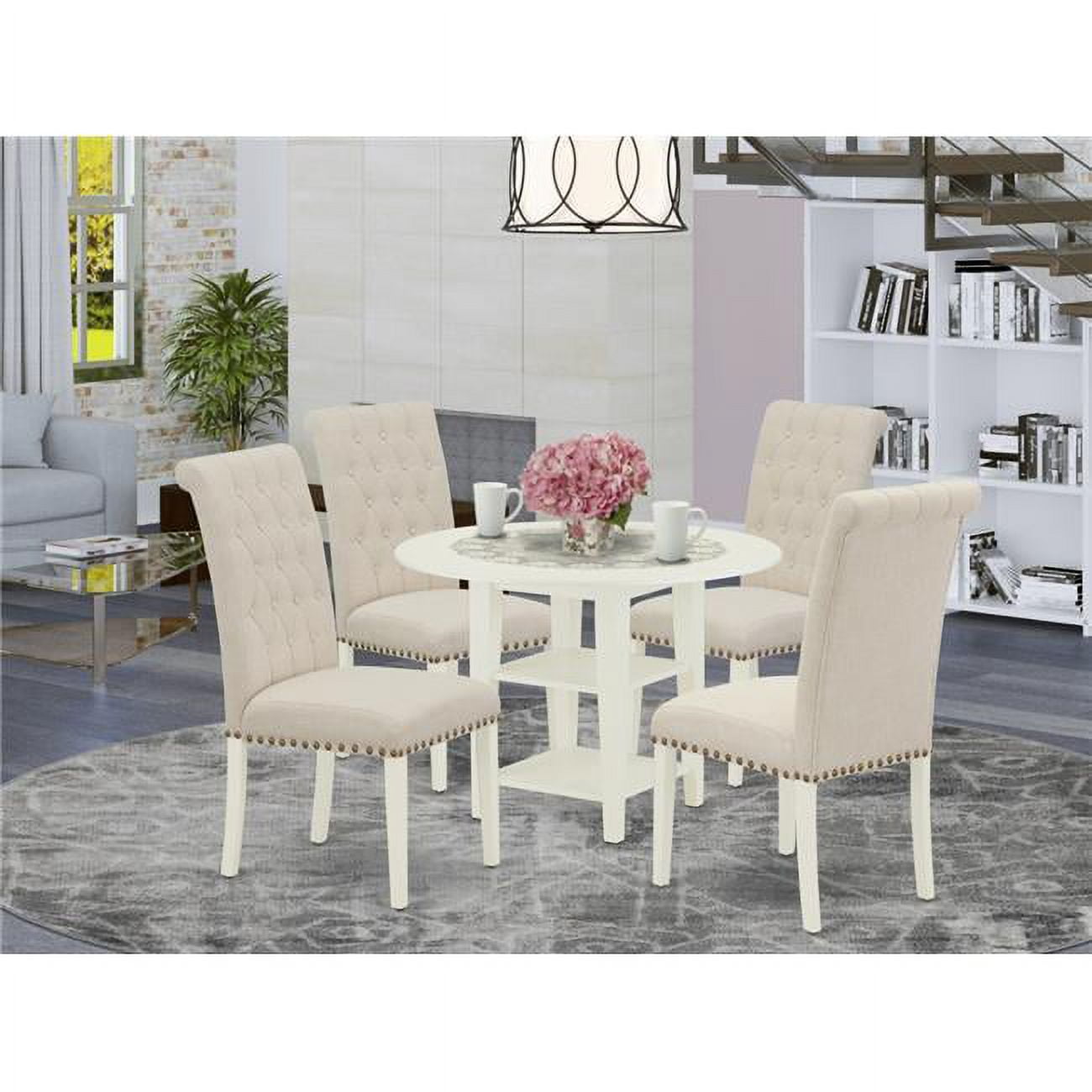5 Piece Sudbury Dining Set Linen White & Light Beige