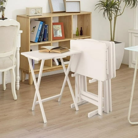 5 Piece TV Tray Table Set in White (4 Trays, 1 Stand)