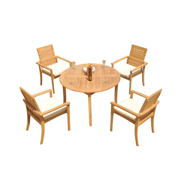 5-Piece Teak Dining Set: 48" Round Table + 4 Algrave Stacking Arm Chairs