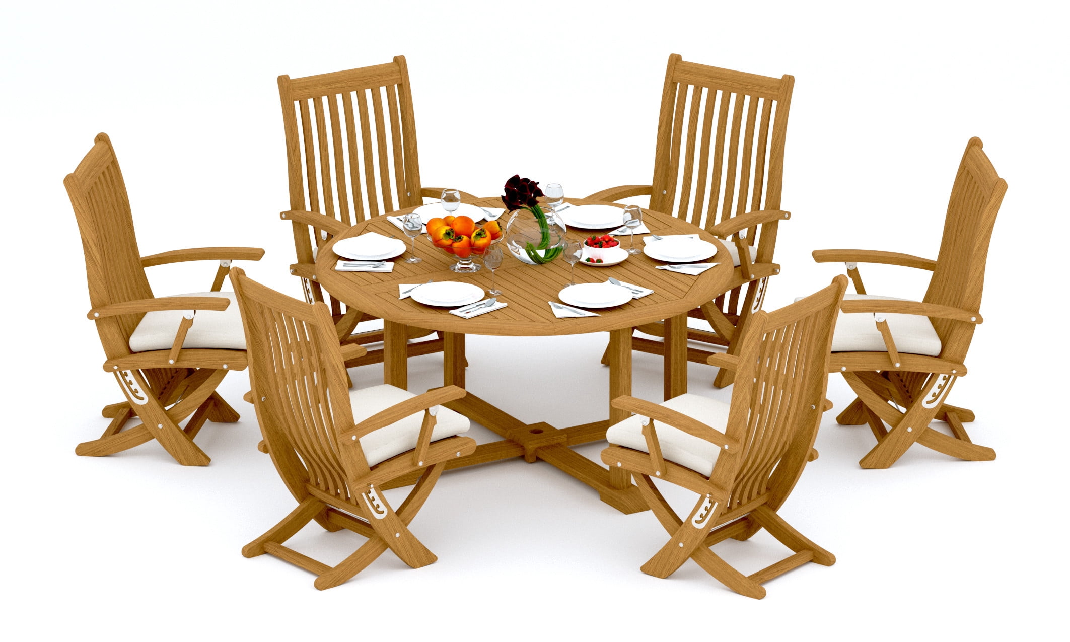 5-Piece Teak Dining Set: 60" Round Table + 4 Warwick Folding/Reclining ...