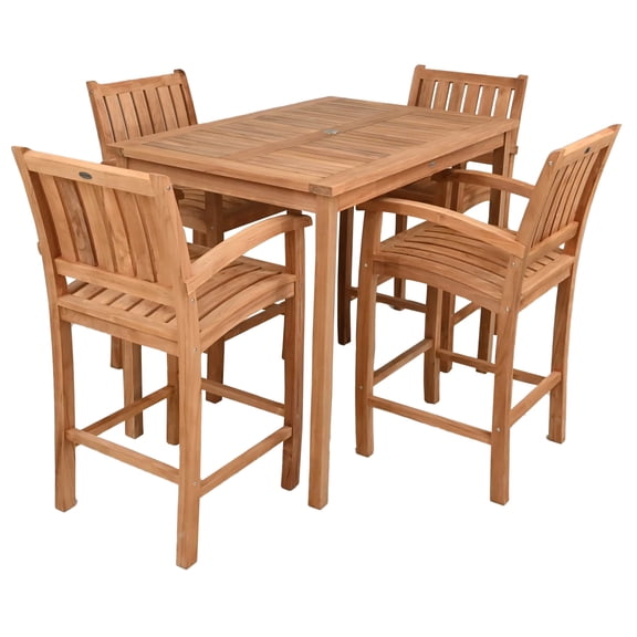 5 Piece Teak Wood Bistro Outdoor Patio Bar Set Including 55" Rectangular Table and 4 Abacho Barstools with Arms