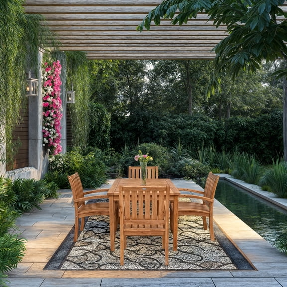 5 Piece Teak Wood Bistro Outdoor Patio Dining Set including 55" Rectangular Table with 4 Abacho Arm Chairs