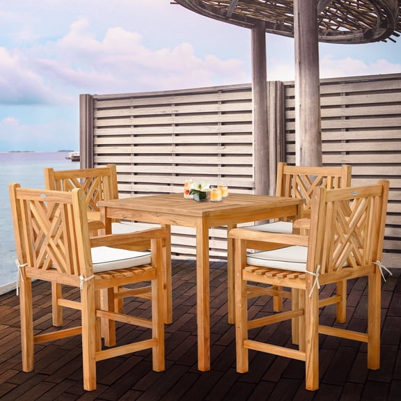 5 Piece Teak Wood Chippendale Bistro Outdoor Patio Counter Dining Set including 35" Table & 4 Counter Stools w/ Arms