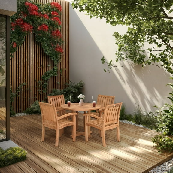 5 Piece Teak Wood Outdoor Patio Dining Set Including 48" Round Hatteras Table with 4 Abacho Arm Chairs
