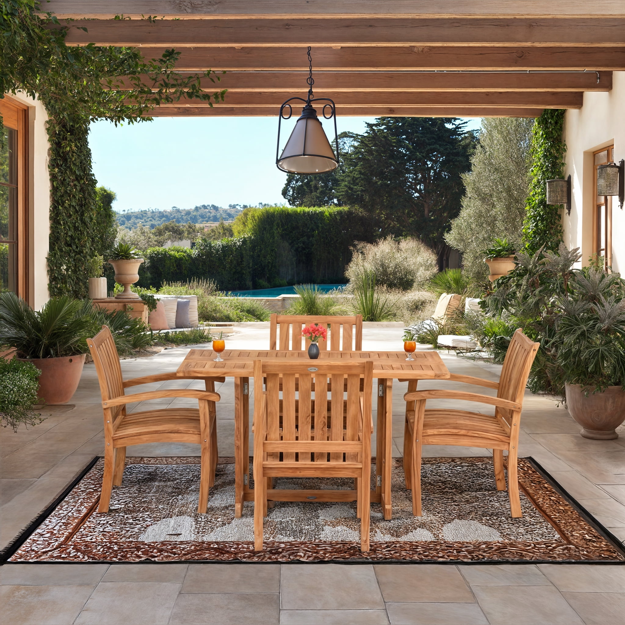 5 Piece Teak Wood Outdoor Patio Dining Set Including 56