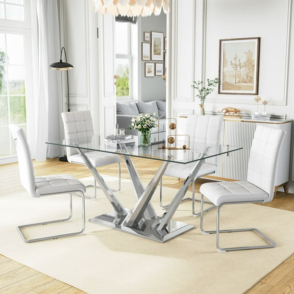 5-Piece Tempered Glass Dining Table Set, 63" Rectangular Modern Cross-Leg Stainless Steel Base and 4 PU Leather C-Shaped Cantilever Chairs with Pull Ring, for Kitchen, Living Room, Meeting Room