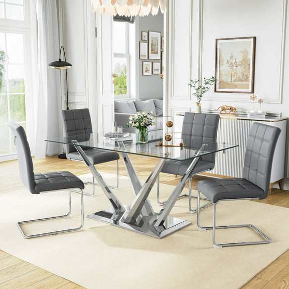 5-Piece Tempered Glass Dining Table Set, 63" Rectangular Modern Cross-Leg Stainless Steel Base and 4 PU Leather C-Shaped Cantilever Chairs with Pull Ring, for Kitchen, Living Room, Meeting Room
