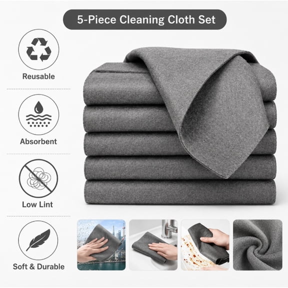 5 Piece Microfiber Cleaning Cloth Set, Cleaning Rags for TV, Cars, Windows and Household Use, TIKA