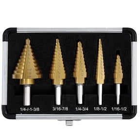5-Piece Titanium Step Drill Bit Set, 4241 HSS Two-Flute Step Bits, 1/16"1-3/8" for Metal, Wood & Plastic, Includes Aluminum Case