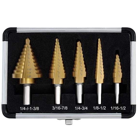 5-Piece Titanium Step Drill Bit Set, 4241 HSS Two-Flute Step Bits, 1/16"–1-3/8" for Metal, Wood & Plastic, Includes Aluminum Case