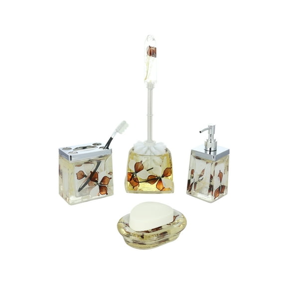 5 Piece Toiletry Bathroom Set With Brown and White Floral Design