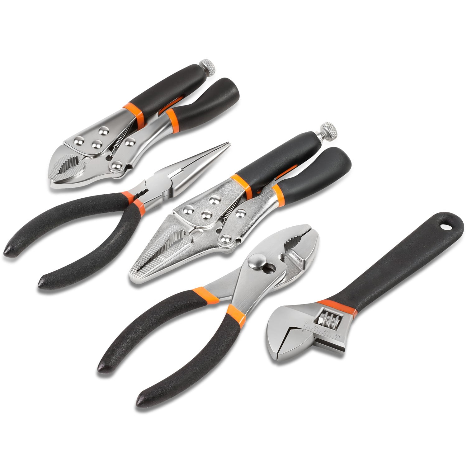 5 Piece Tool Kit, Includes Multi-Use Forged Hardened Steel Lock Jaw Wrench, Slip Joint Plier, Needle Nose Plier, Long Nose Plier, and Adjustable Wrench, 1 Set, Orange/Black
