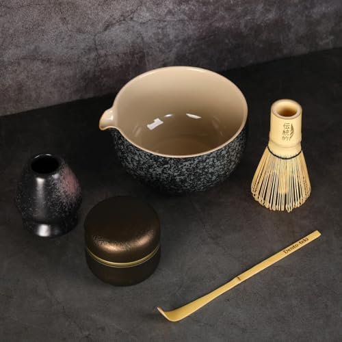 5-Piece Traditional Matcha Set beautifully crafted ceramic Japanese matcha bowl, chasen holder, natural bamboo whisk, spoon, and airtight matcha tin container – Perfect for ceremonial-grade matcha