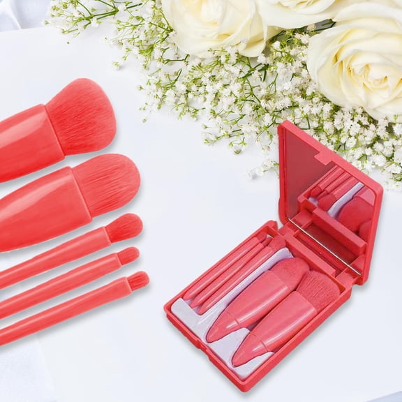 5-Piece Travel Makeup Brush Kit with Compact Mirror, Professional Cosmetic Brushes, Pink