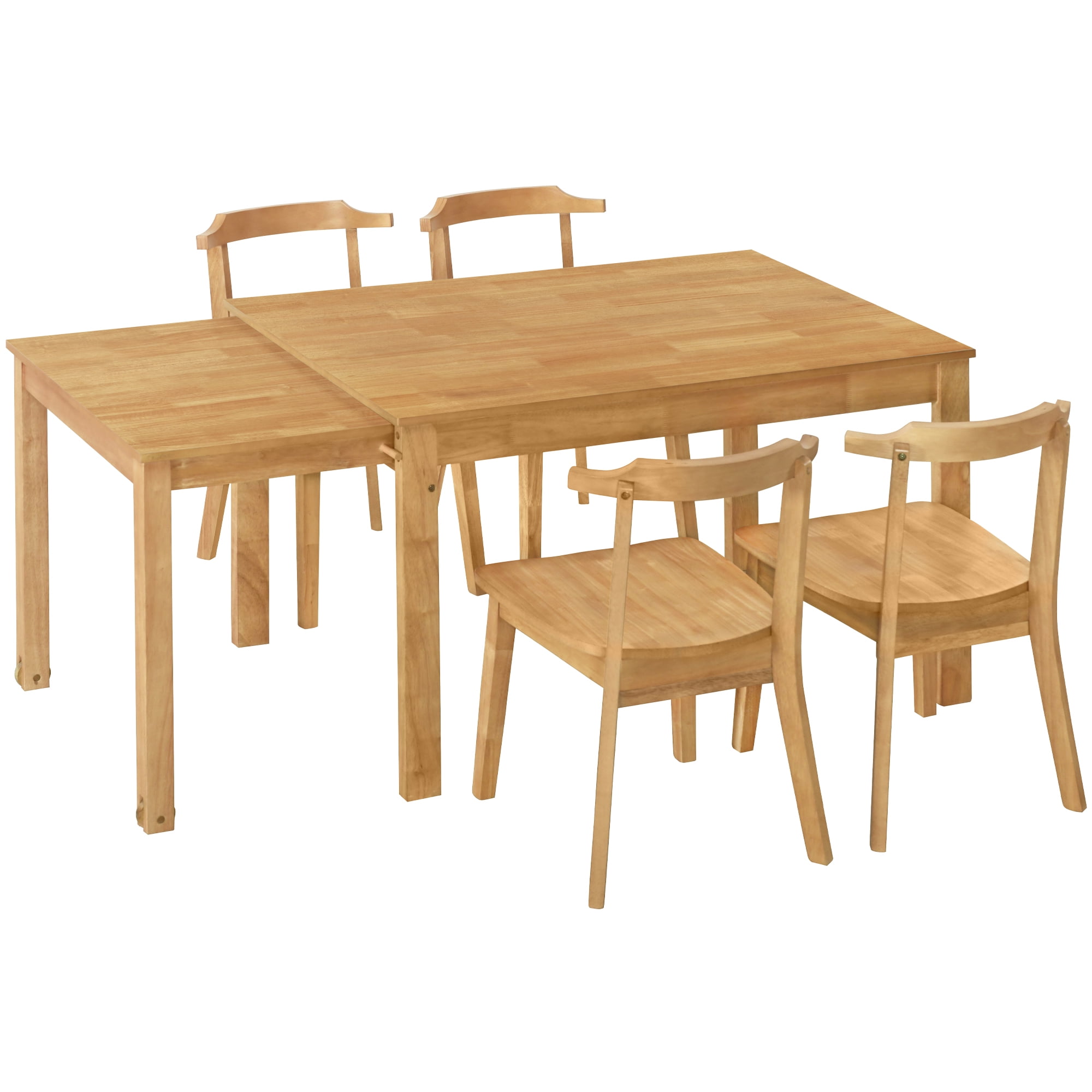 5Piece Trestle Dining Table Set With Pullout Side Table, Rubber Wood