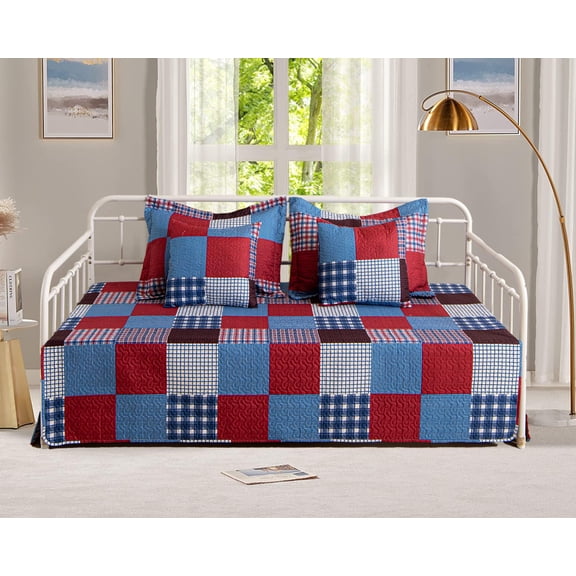 5-Piece Twin Daybed Cover Set, All Season Reversible Quilted Geometric Daybed Bedding Set With 4 Pillow Shams 39"x75"