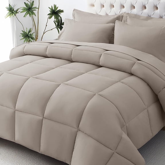 5-Piece Twin Size Ultra-Soft Comforter Bed in a Bag Set with Down Alternative Filling, Khaki