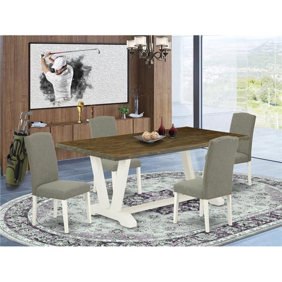 5 Piece V-Style Amazing Dining Table Set - Dark Shitake, Distressed Jacobean & Linen White