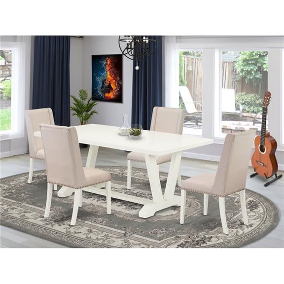 5 Piece V-Style Beautiful Dining Room Set - Cream & Linen White