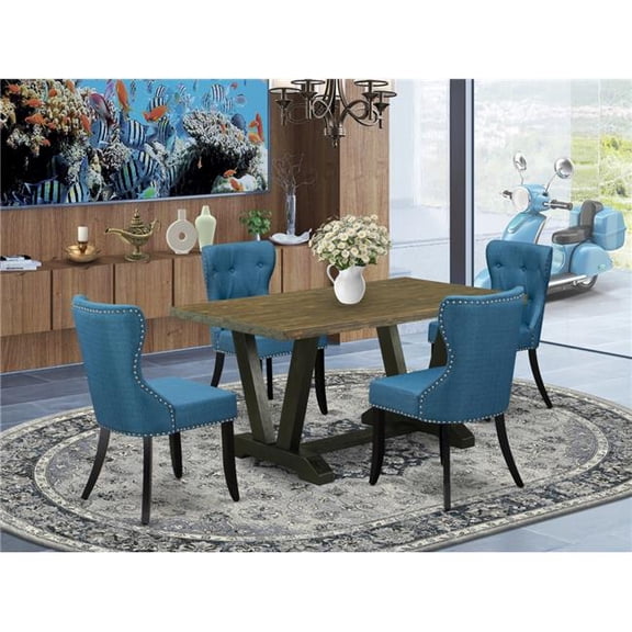 5 Piece V-Style Dining Room Set - Distressed Jacobean & Black