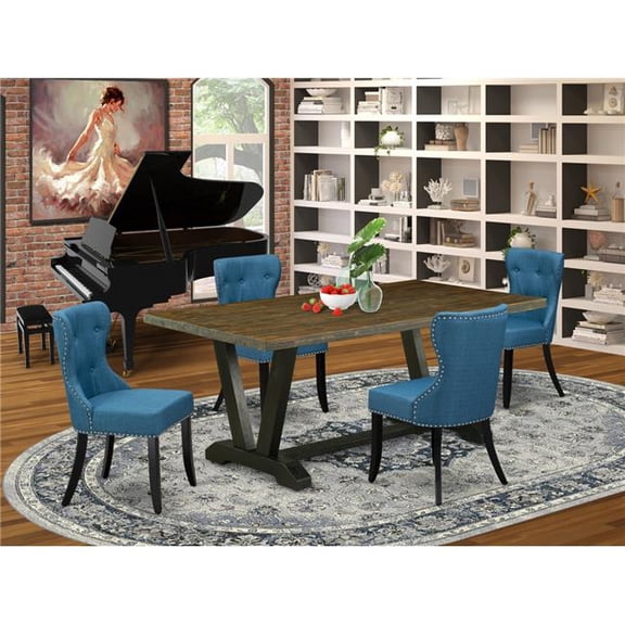 5 Piece V-Style Dining Room Table Set - Distressed Jacobean & Black