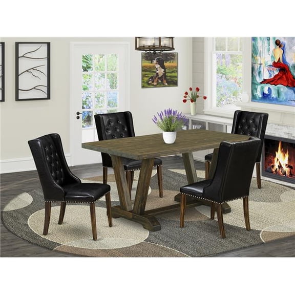 5 Piece V-Style Dining Table Set - Distressed Jacobean & Black