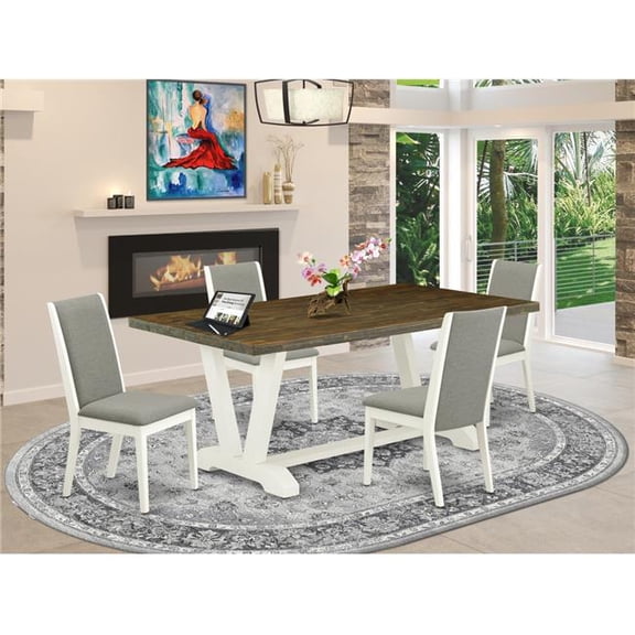 5 Piece V-Style Fashionable Modern Dining Table Set - Shitake, Distressed Jacobean & Linen White