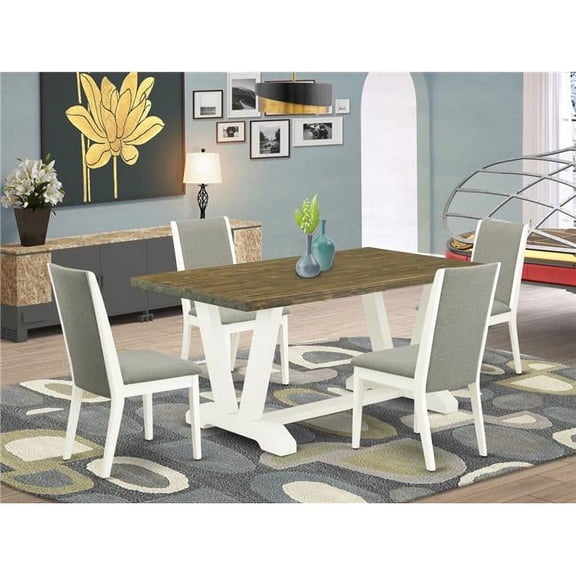 5 Piece V-Style Fashionable Rectangular Dining Room Table Set - Shitake, Distressed Jacobean & Linen White