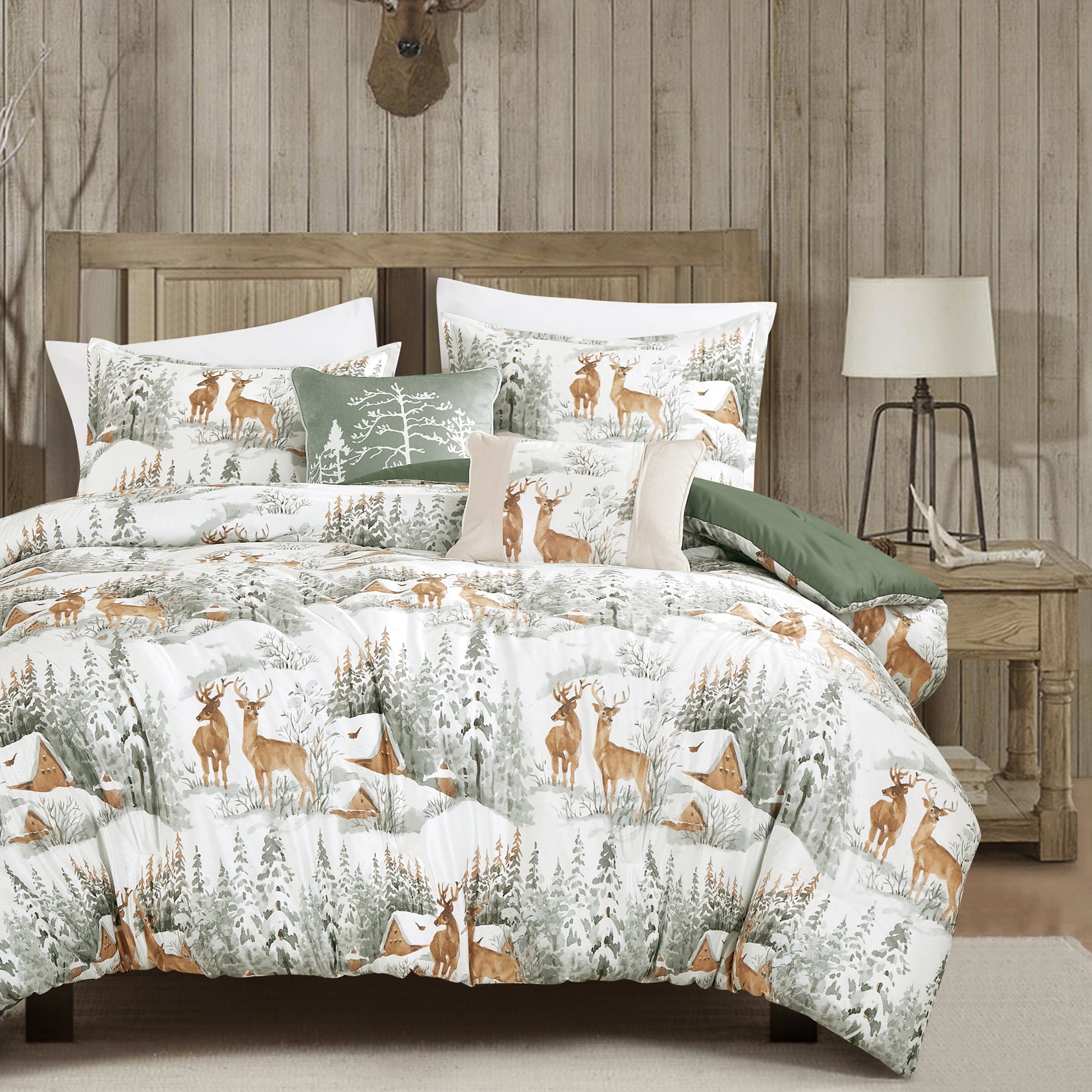 5-Piece Velvet Comforter Set, Rustic Forest Deer Print Bedding Sets,King