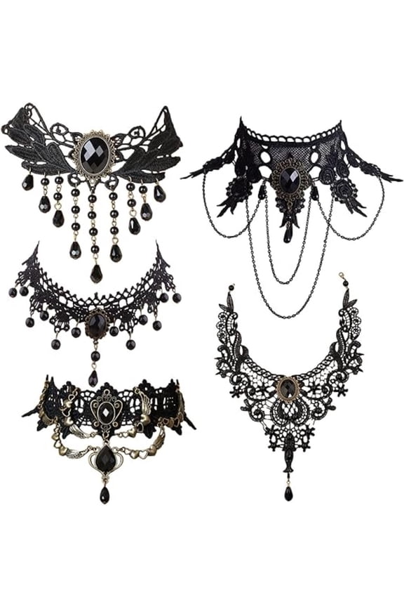 5-Piece Victorian Goth Choker Necklace Set, Adjustable Black Lace & Alloy Statement Collars for Halloween, Cosplay, Wedding Party