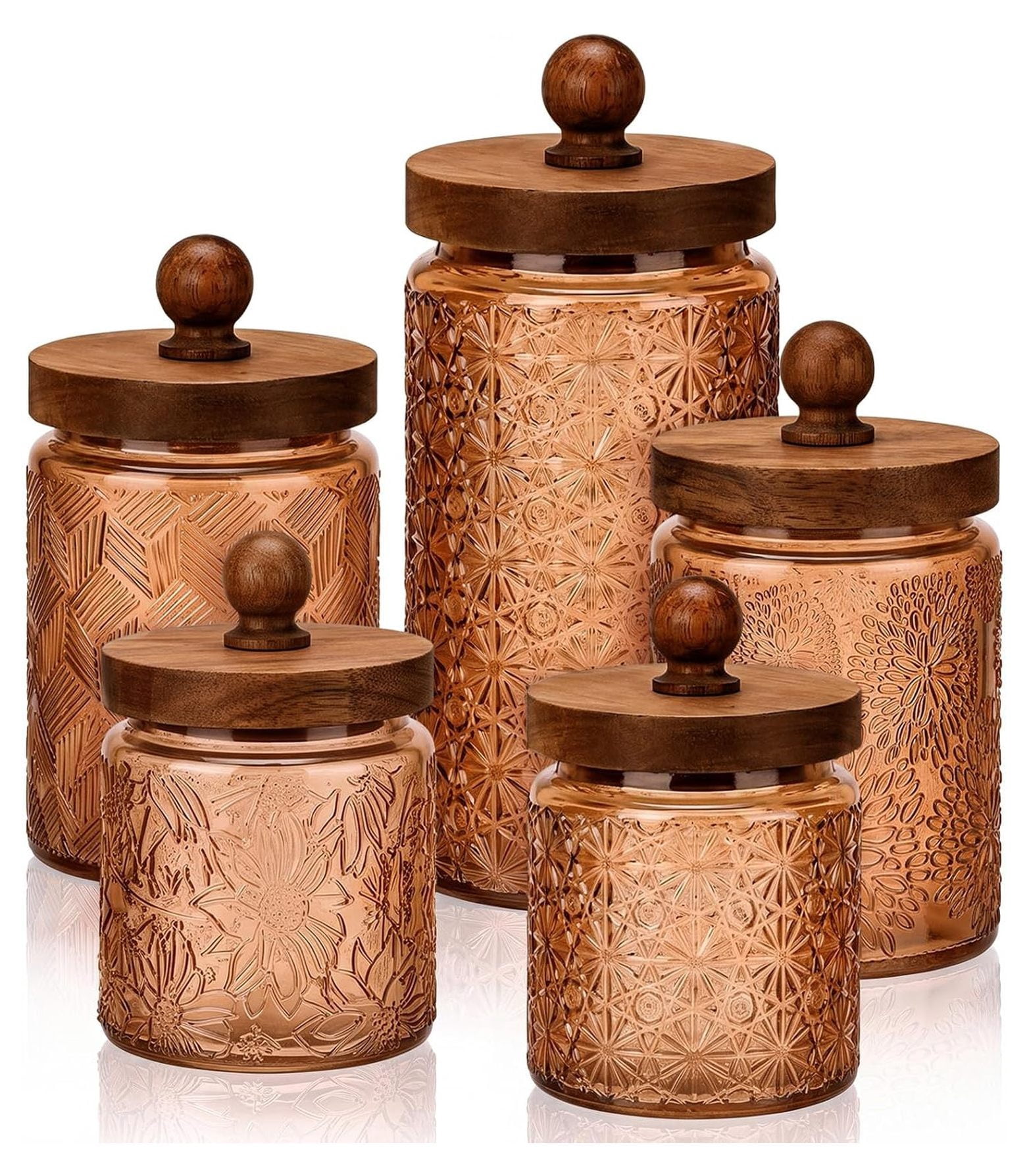 5 Piece Vintage Glass Canisters Kitchen Storage Jars with Wooden Lids ...